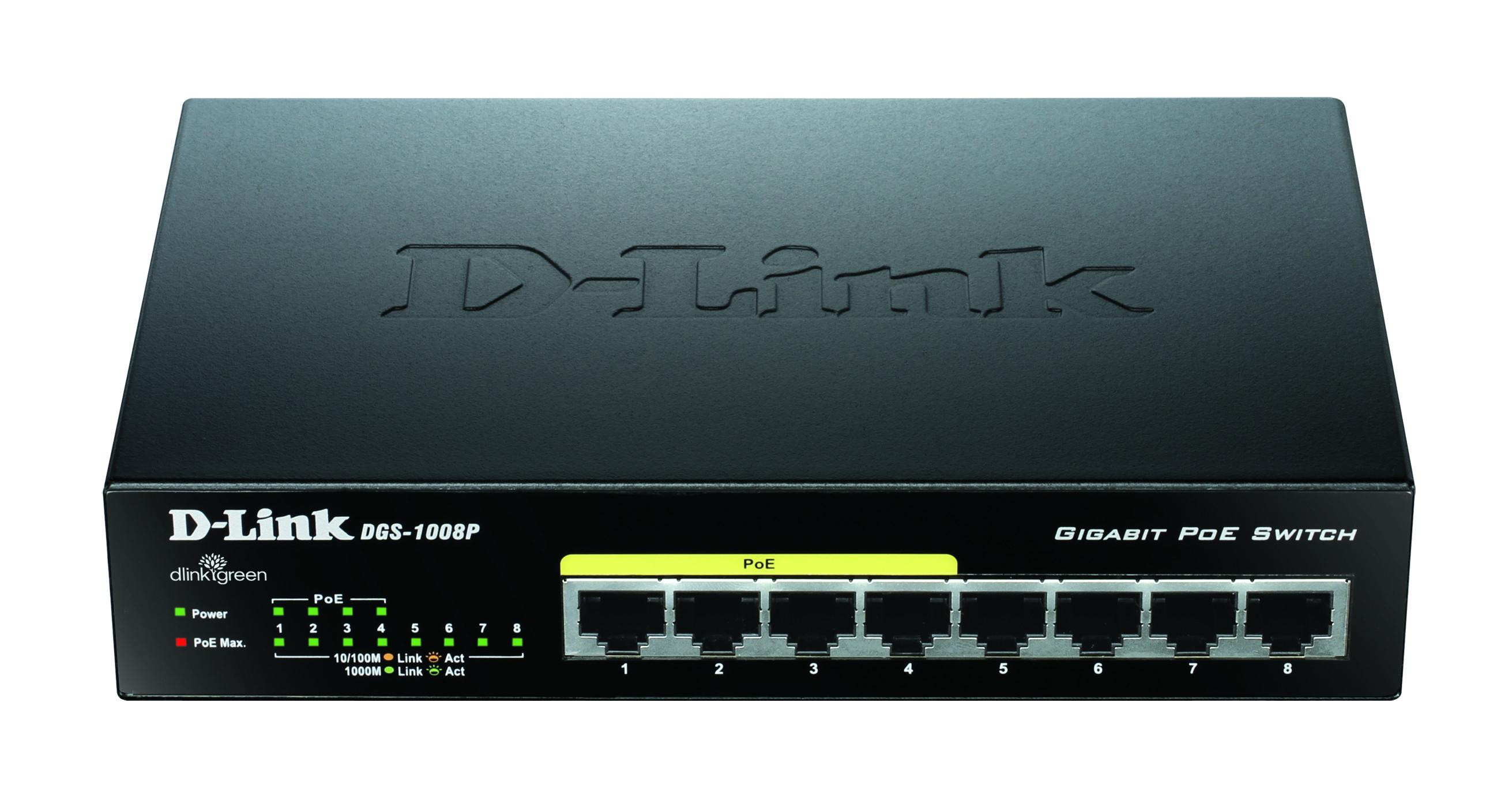 Switch D-Link Gigabit PoE nero con porte e indicatori.