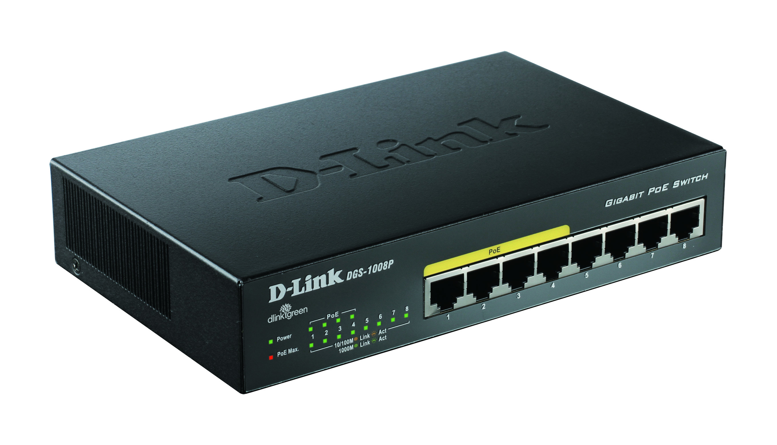 Switch Gigabit PoE D-Link nero. 8 porte, pannello frontale con luci, scocca nera.