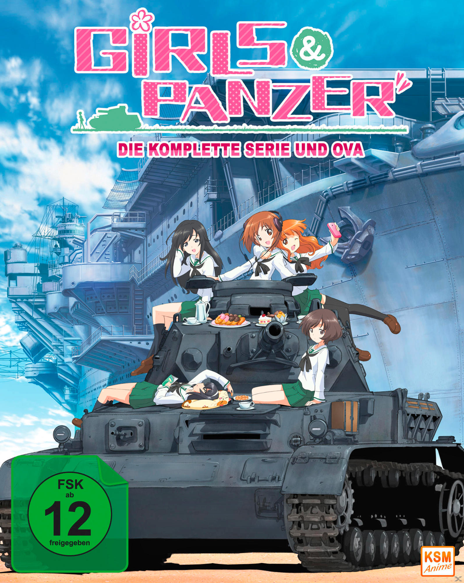 Anime-DVD-Cover. Mädchen in Schuluniformen auf einem Panzer. Titel: Girls und Panzer.