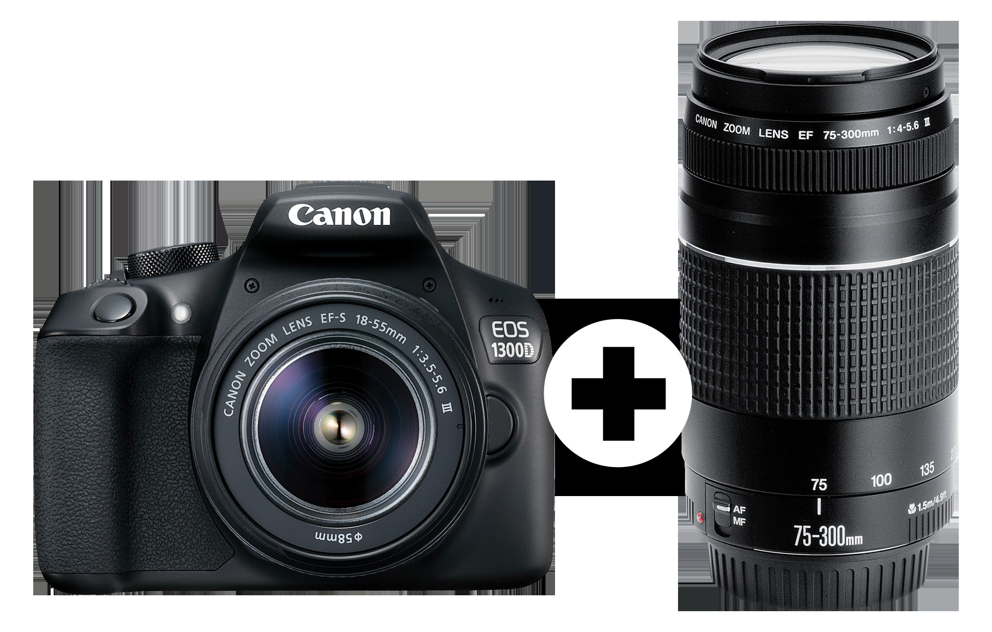 CANON EOS 1300D Kit DFIN III Spiegelreflexkamera, 18 Megapixel, 18-55 mm, 75-300 mm Objektiv (EF-S, EF), WLAN, Schwarz