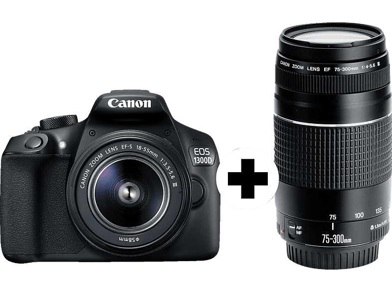 CANON EOS 1300D Kit DFIN III Spiegelreflexkamera, 18 Megapixel, 18-55 mm,  75-300 mm Objektiv (EF-S, EF), WLAN, Schwarz Spiegelreflexkameras $[inkl.  Objektiv 18-55 mm, 75-300 mm]$ | MediaMarkt