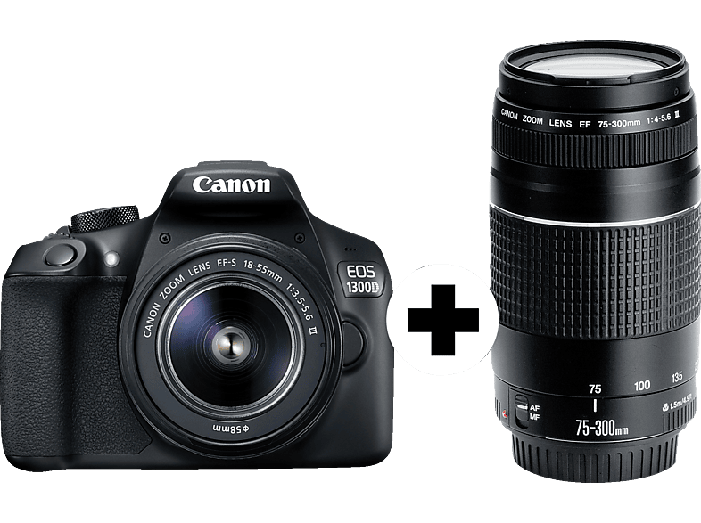 Megapixel, EF), mm]$ MediaMarkt 18-55 mm, Spiegelreflexkamera, Spiegelreflexkameras 75-300 Objektiv WLAN, Objektiv DFIN CANON 18 mm, (EF-S, $[inkl. Kit 18-55 EOS mm 75-300 III | Schwarz 1300D