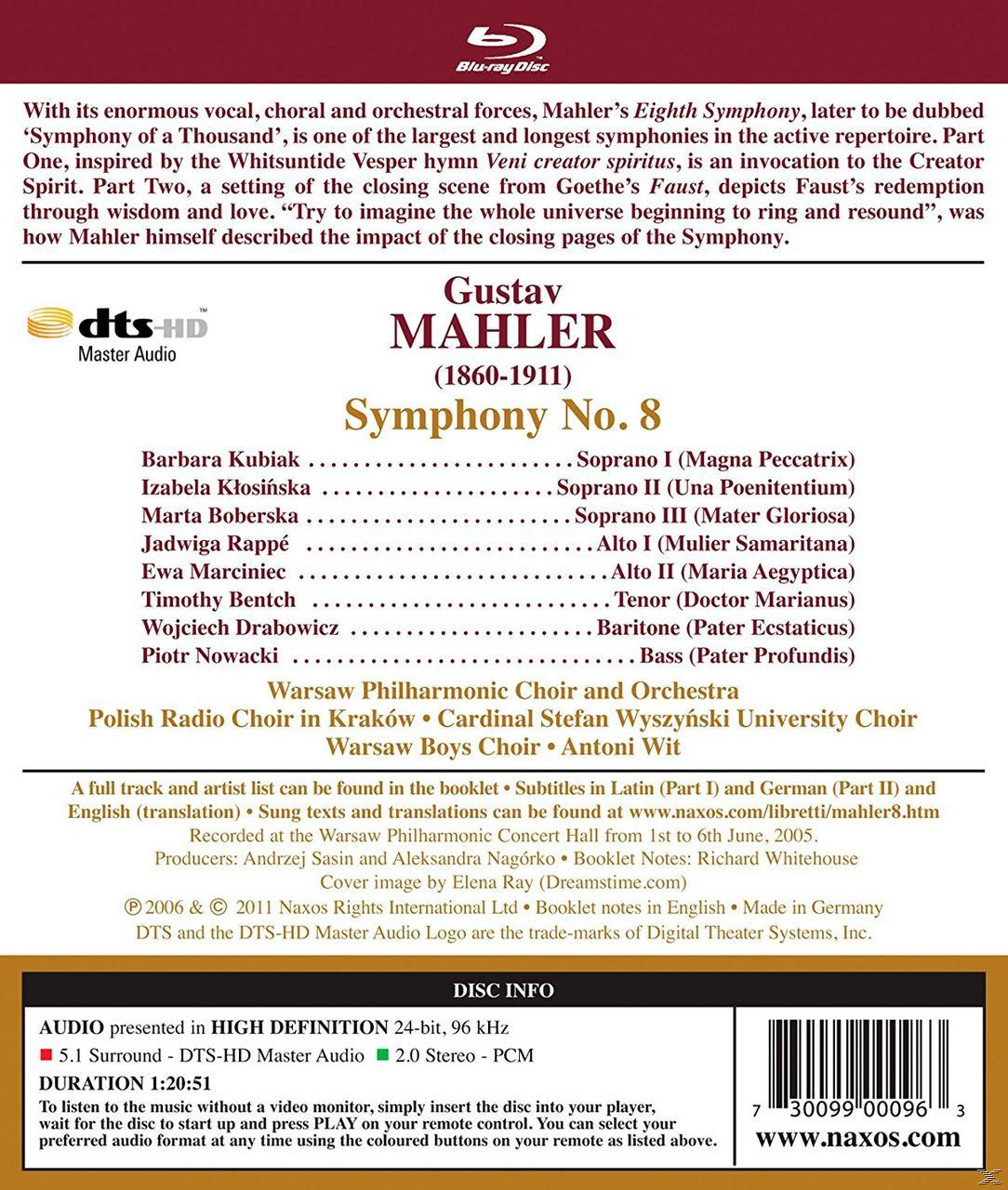 CD-Cover von Gustav Mahlers Symphonie Nr. 8. Text und ein Foto des Dirigenten. Weißer Hintergrund.