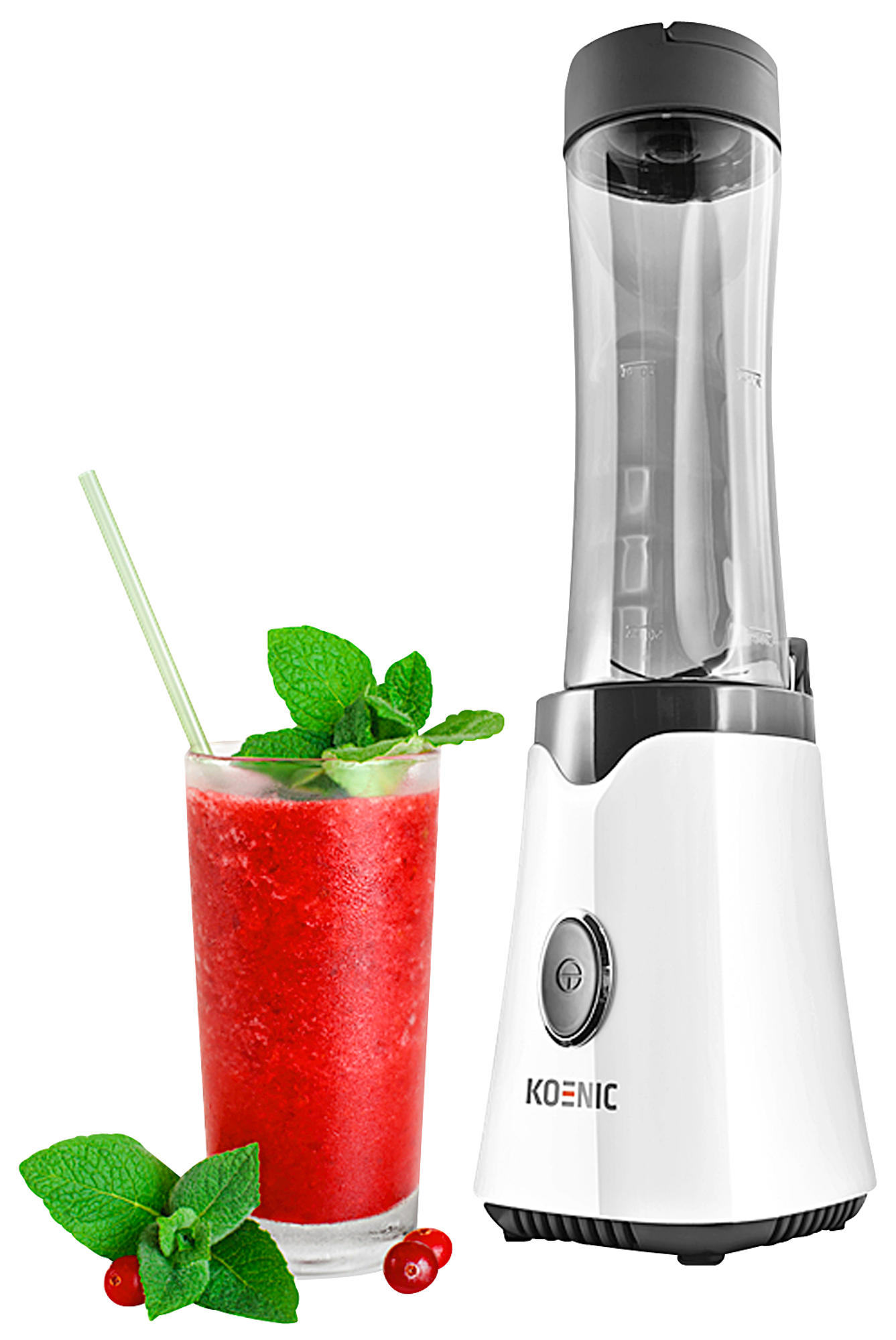 Ein Mixer und ein Glas roter Smoothie mit Minzblättern und Strohhalm.