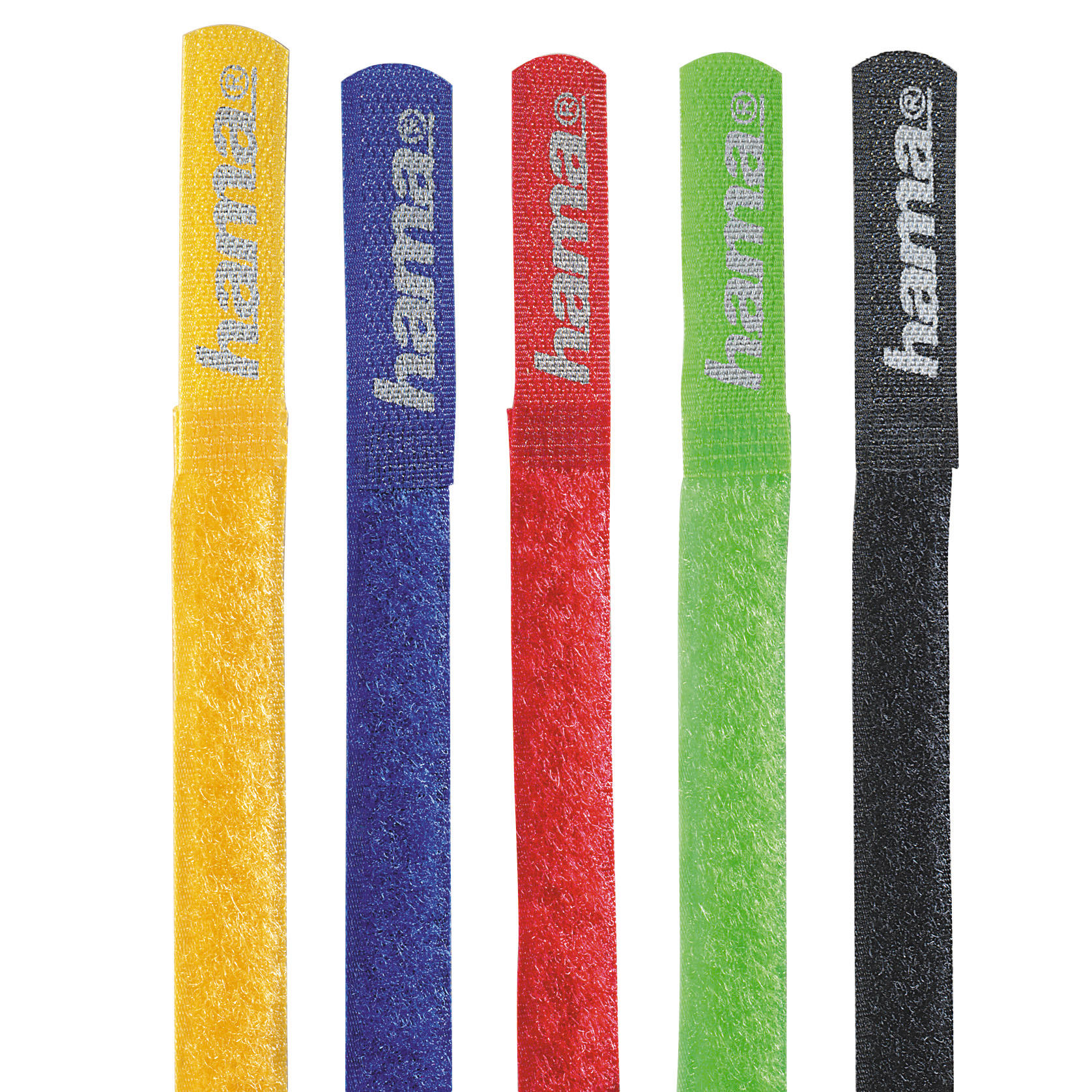 Five colored hook and loop cable ties: yellow, blue, red, green, and black.