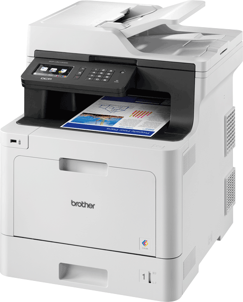 Witte en zwarte printer. Het heeft een bedieningspaneel aan de bovenkant en een papierlade aan de onderkant. Een afgedrukt vel is zichtbaar.