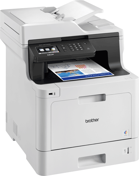Een witte printer met papieruitvoer en een bedieningspaneel. Een afgedrukt document is zichtbaar.