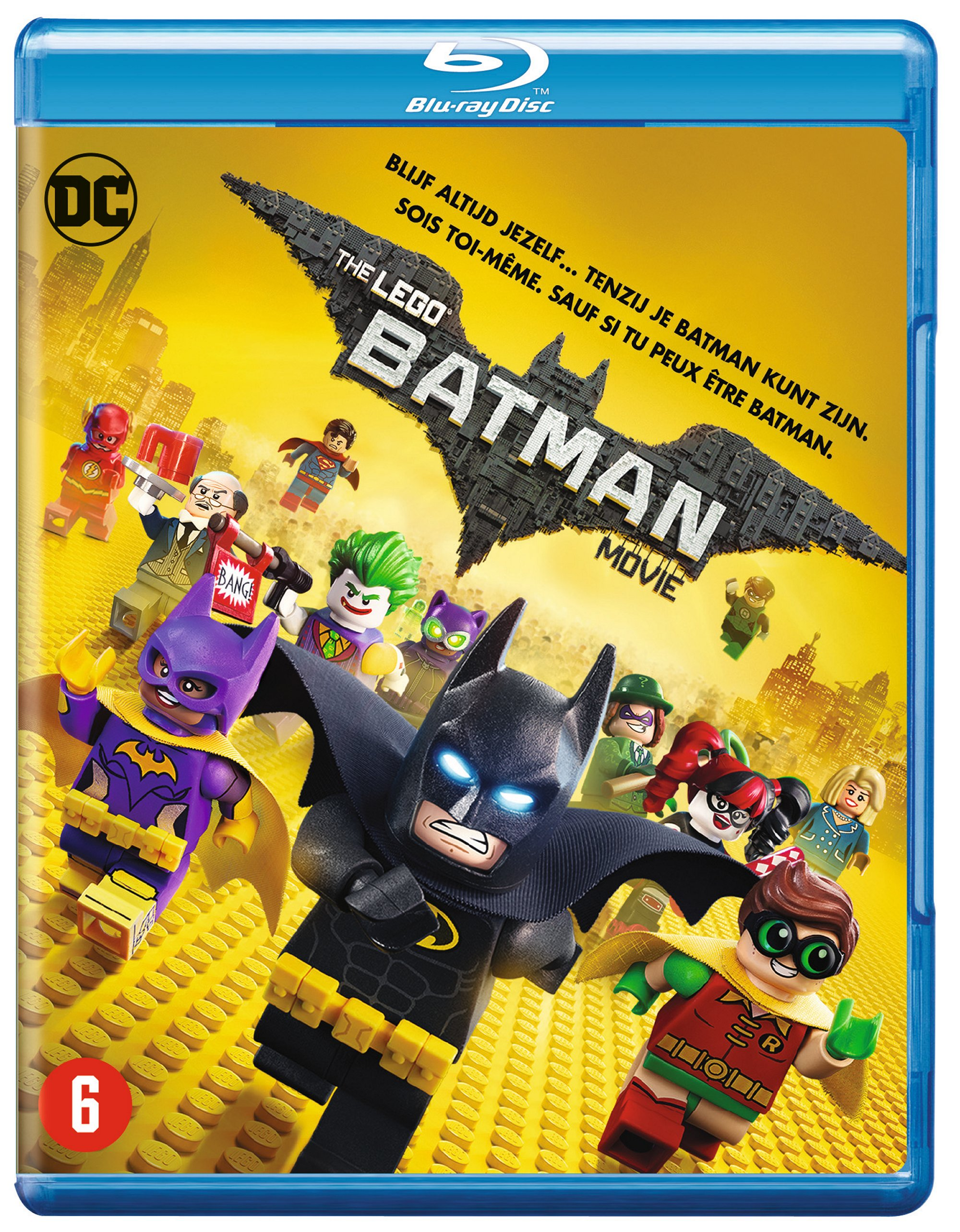 La jaquette du disque Blu-ray de The LEGO Batman Movie, avec Batman et d'autres personnages LEGO.
