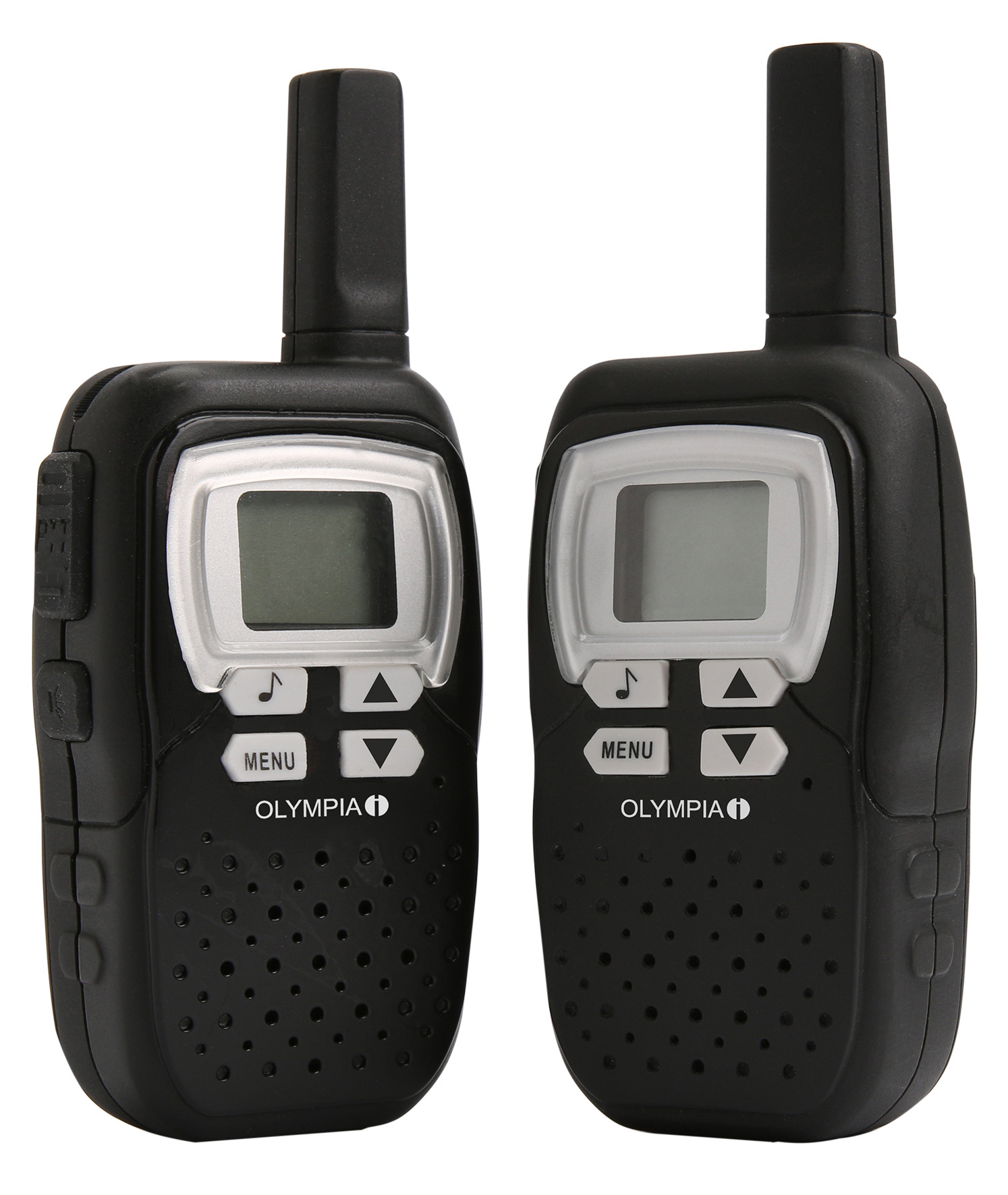 Paar Olympia Walkie-Talkies. Schwarz mit silbernen Knöpfen, einem Bildschirm und einer Antenne.