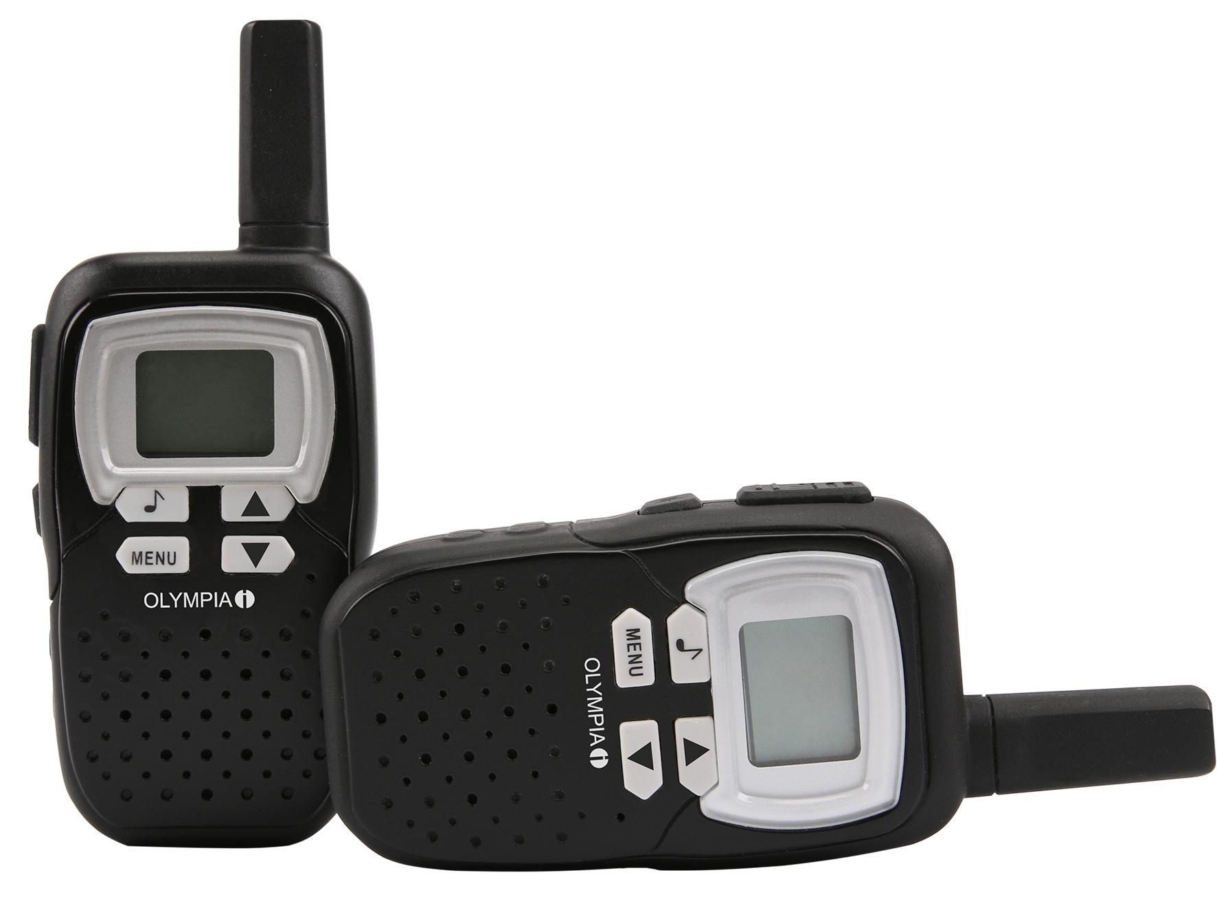 Zwei schwarze Walkie-Talkies mit weißem Bildschirm und Knöpfen.