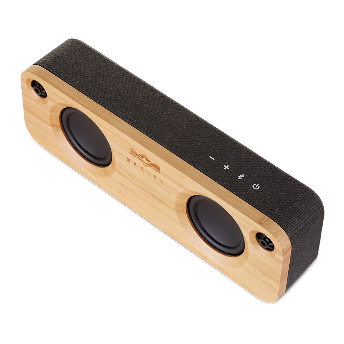 Zwarte en licht houten speaker met twee speakers, knoppen en het Marley-logo, tegen een zwarte achtergrond.