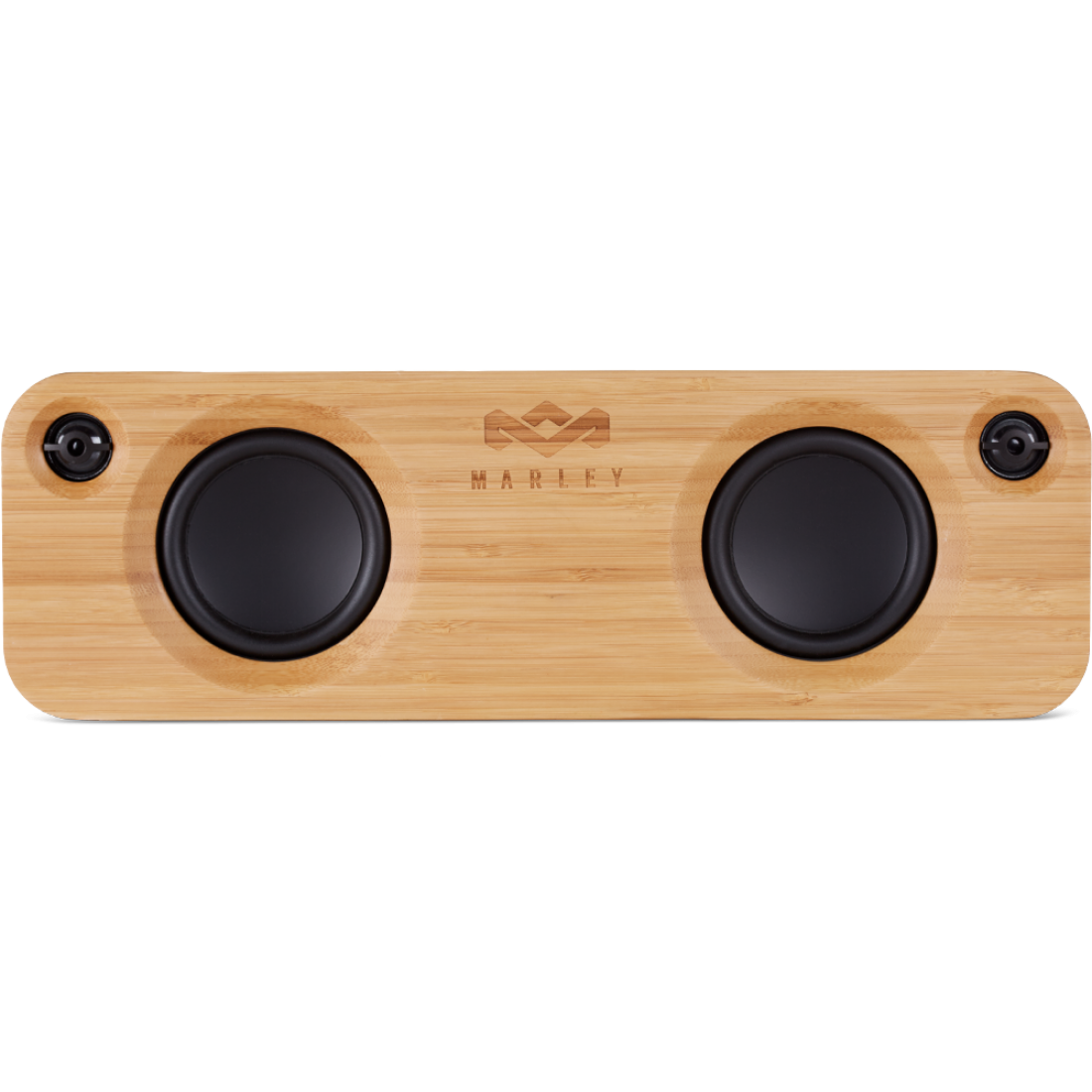 Houten Marley-luidspreker met twee zwarte luidsprekers en twee kleine zwarte luidsprekers, op een zwarte achtergrond.