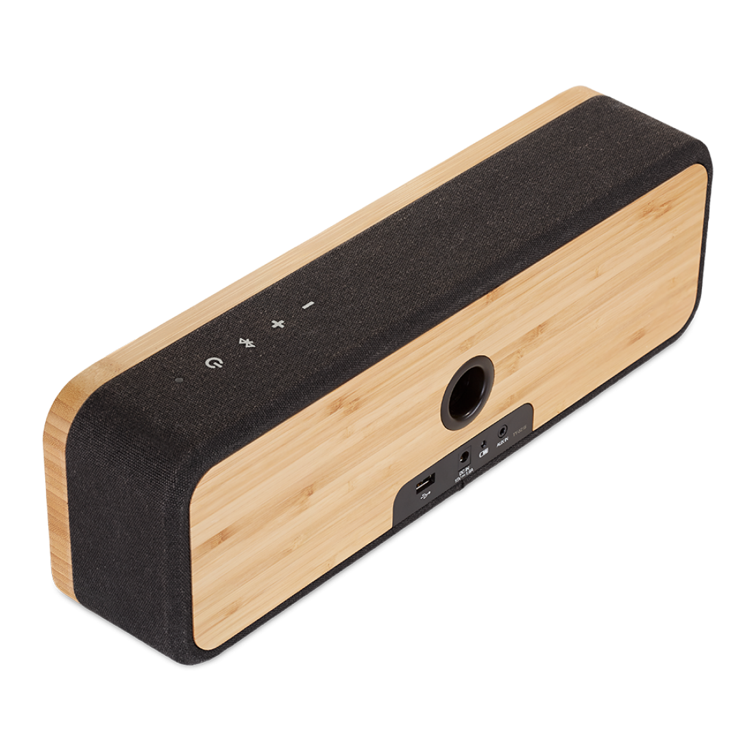 Houten en zwarte luidsprekerbox met bedieningsknoppen en poorten.
