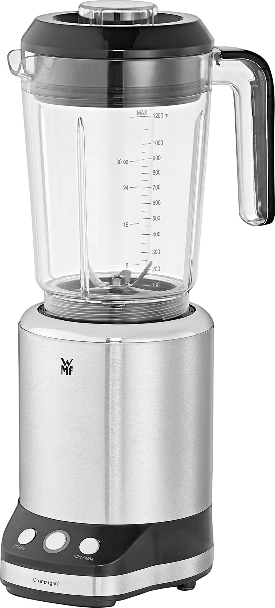 Ein Edelstahl-Mixer mit einem Glasbehälter. Der Behälter hat Messmarkierungen. Auf den Knöpfen steht 'Pulse' und 'Min/Max'.