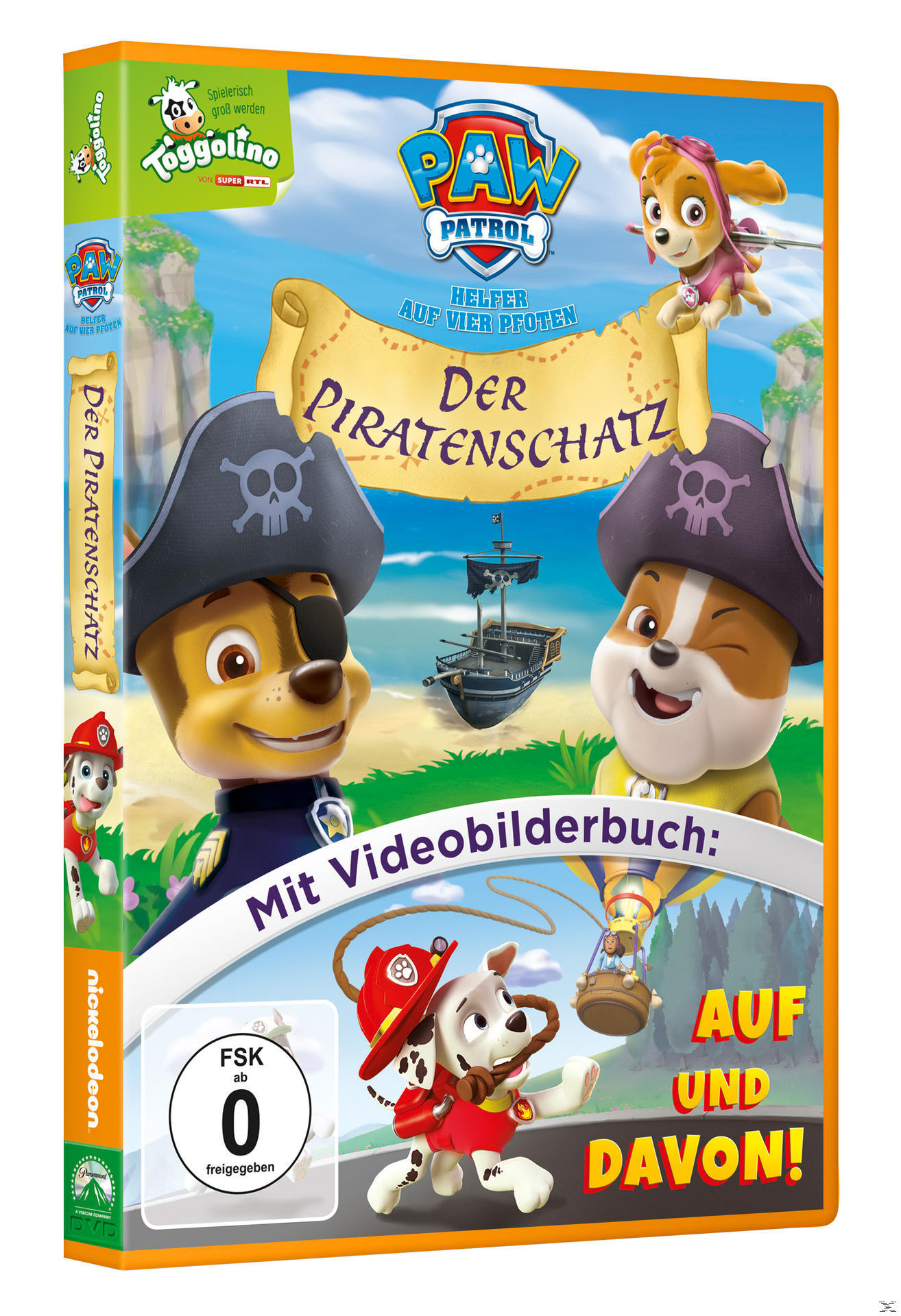 DVD-Cover: Paw Patrol Film, 'Der Piratenschatz', mit Figuren und Piraten-Thema.
