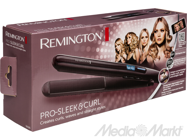 Remington Pro-Sleek & Curl hajvasaló egy barna dobozban, modellek képeivel.