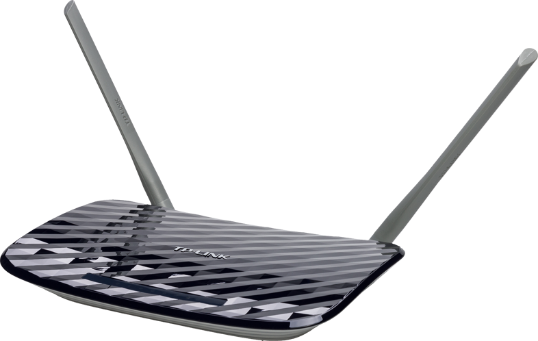 TP-Link router két antennával, lapos, mintás tetővel és fekete alappal.