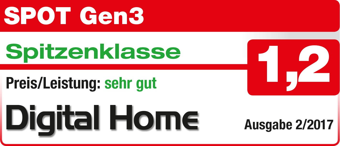 Rotes Banner mit 'Digital Home' und Wert 1,2, sowie dem Wort 'Spitzenklasse'.