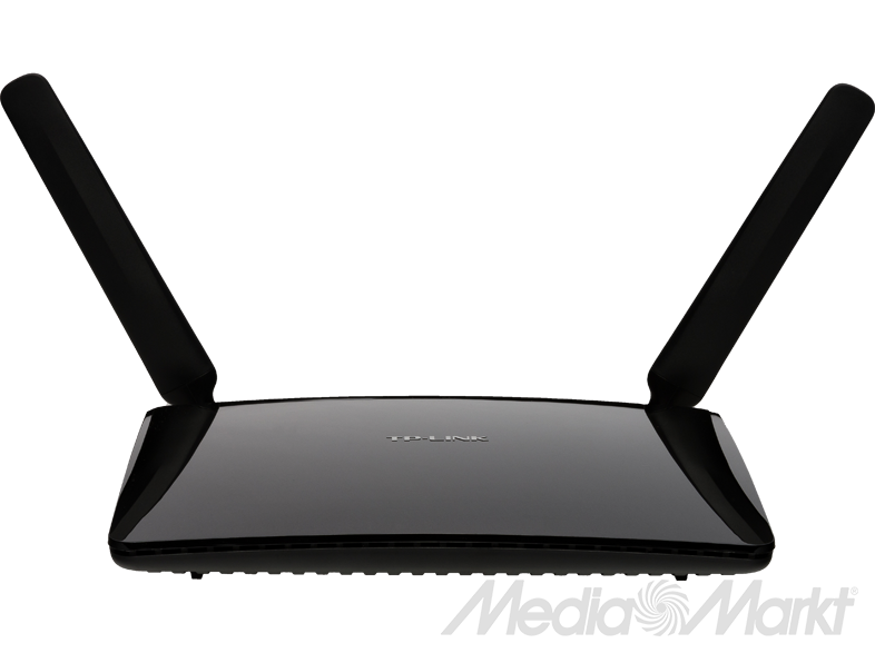 Fekete TP-Link router két antennával. Fekete háttér.