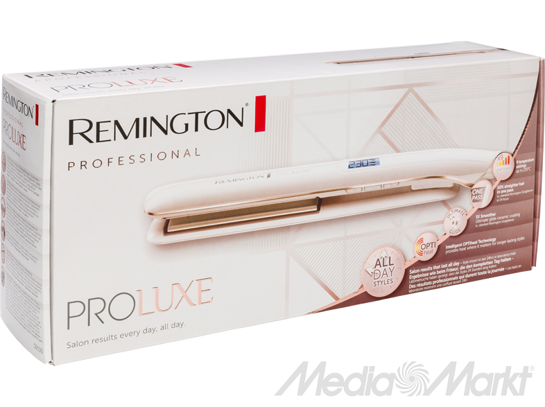 Fehér és piros doboz 'Remington ProLuxe' hajvasalóhoz. A terméket mutatja.