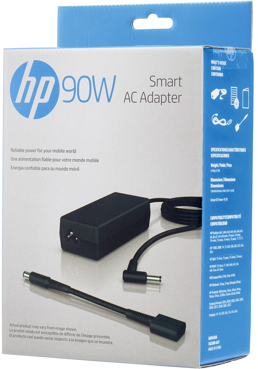 HP 90W Smart AC Adapter box with adapter and cable visible.