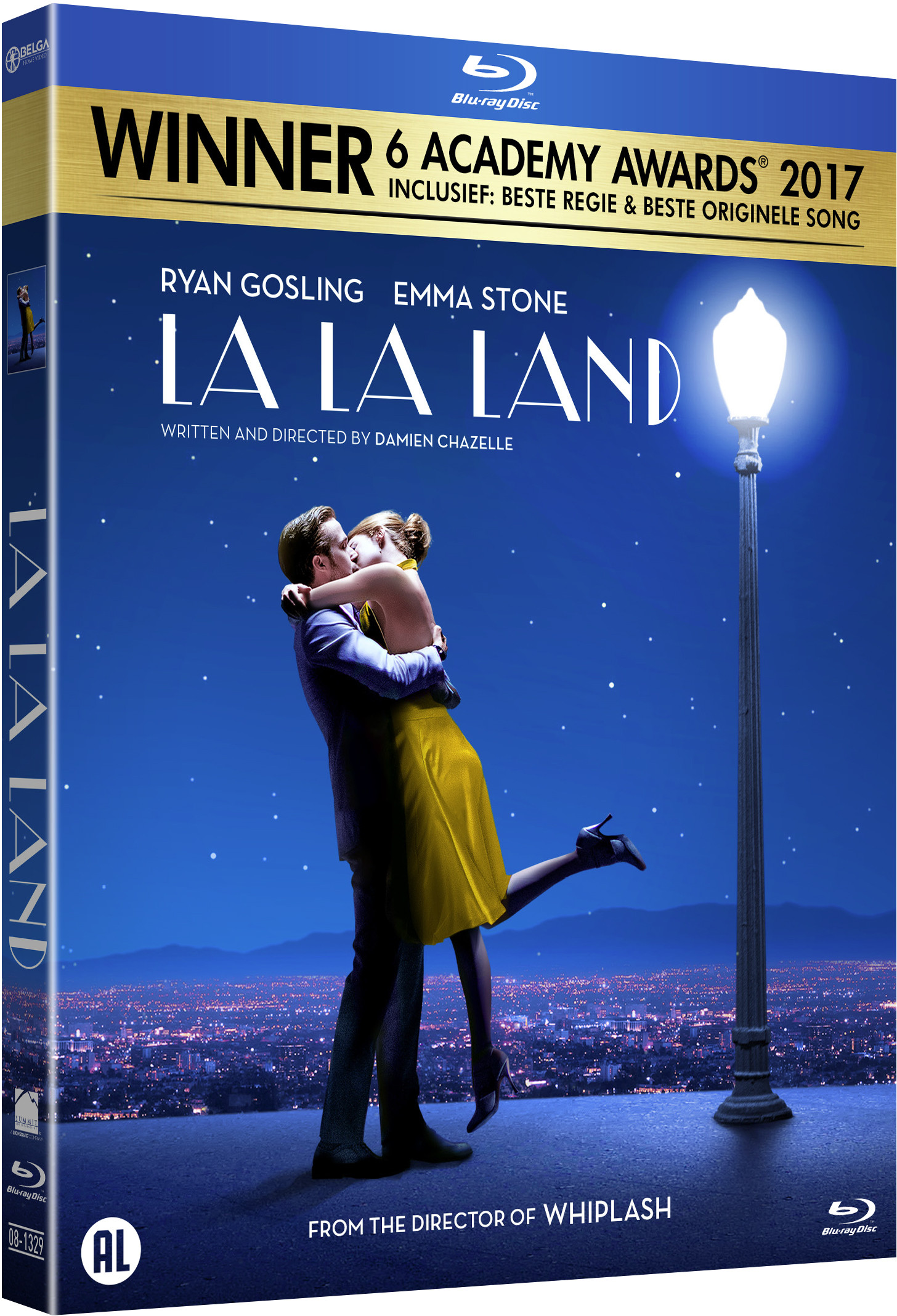 Blu-ray filmhoes, La La Land, met acteurs Ryan Gosling en Emma Stone die elkaar omhelzen.