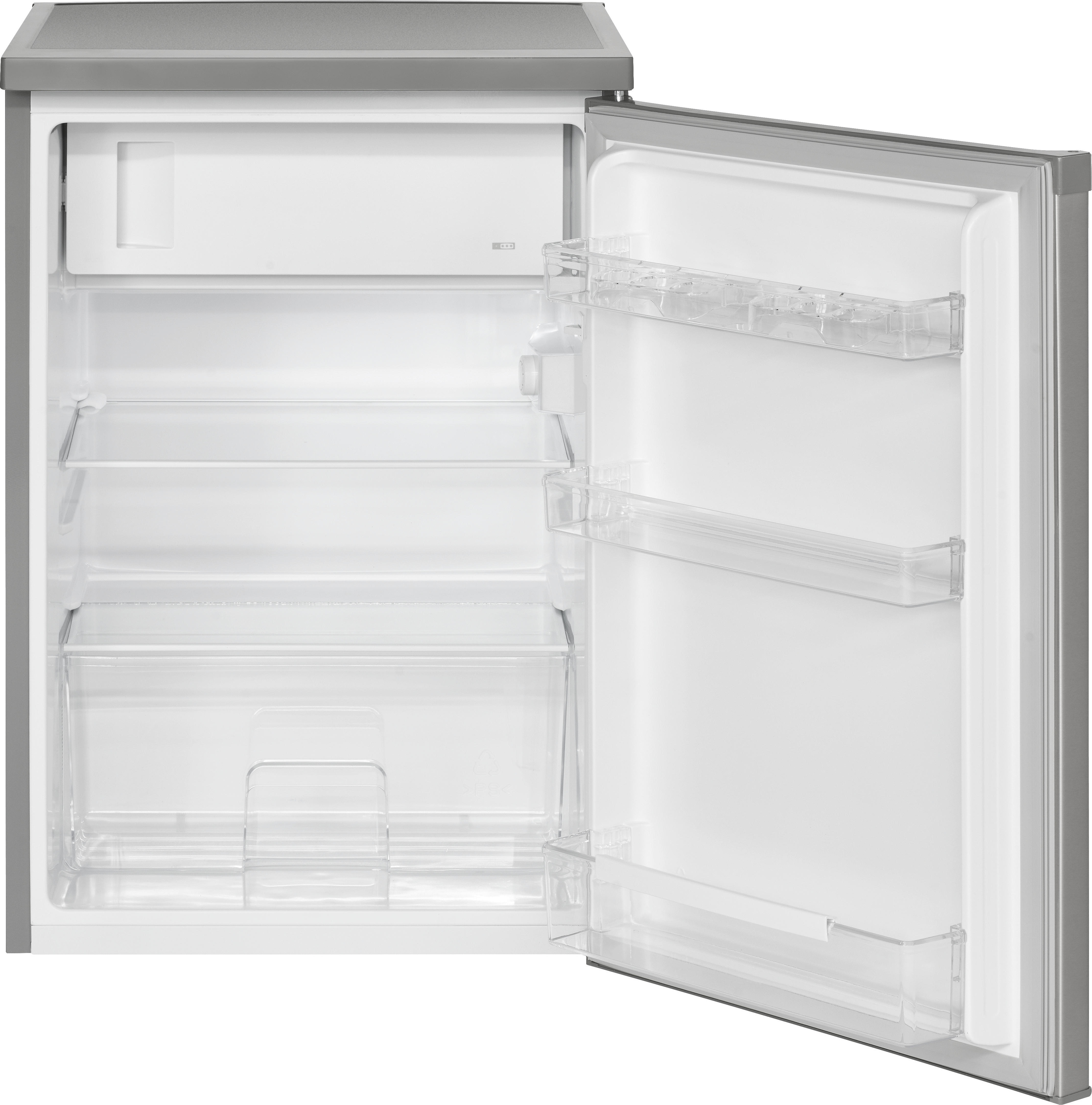 Offener Kühlschrank, Regale im Inneren. Die Tür ist offen und zeigt das Innere.