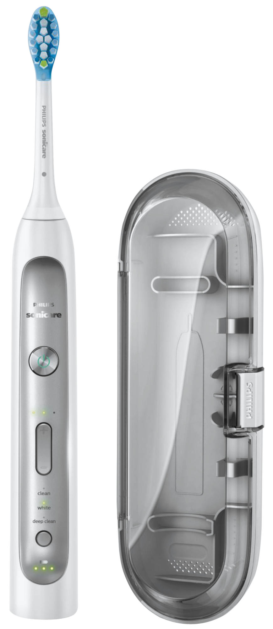 Weiße Philips Sonicare Zahnbürste und ein durchsichtiges Reiseetui.