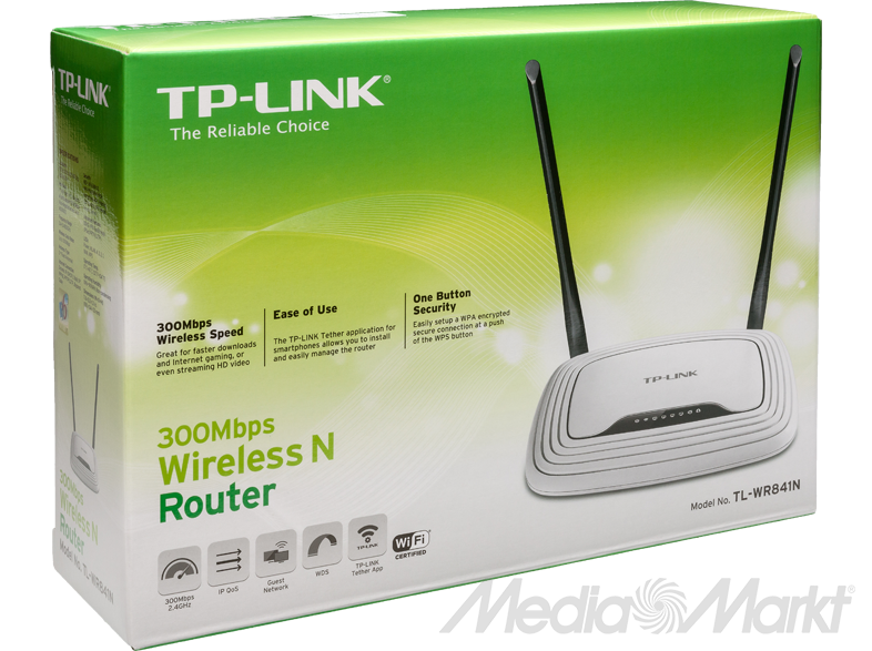 TP-Link 300Mbps Wireless N router zöld dobozon. Fehér router, antennákkal.