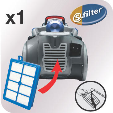 Staubsauger mit Filter und rotem Pfeil auf Filter.