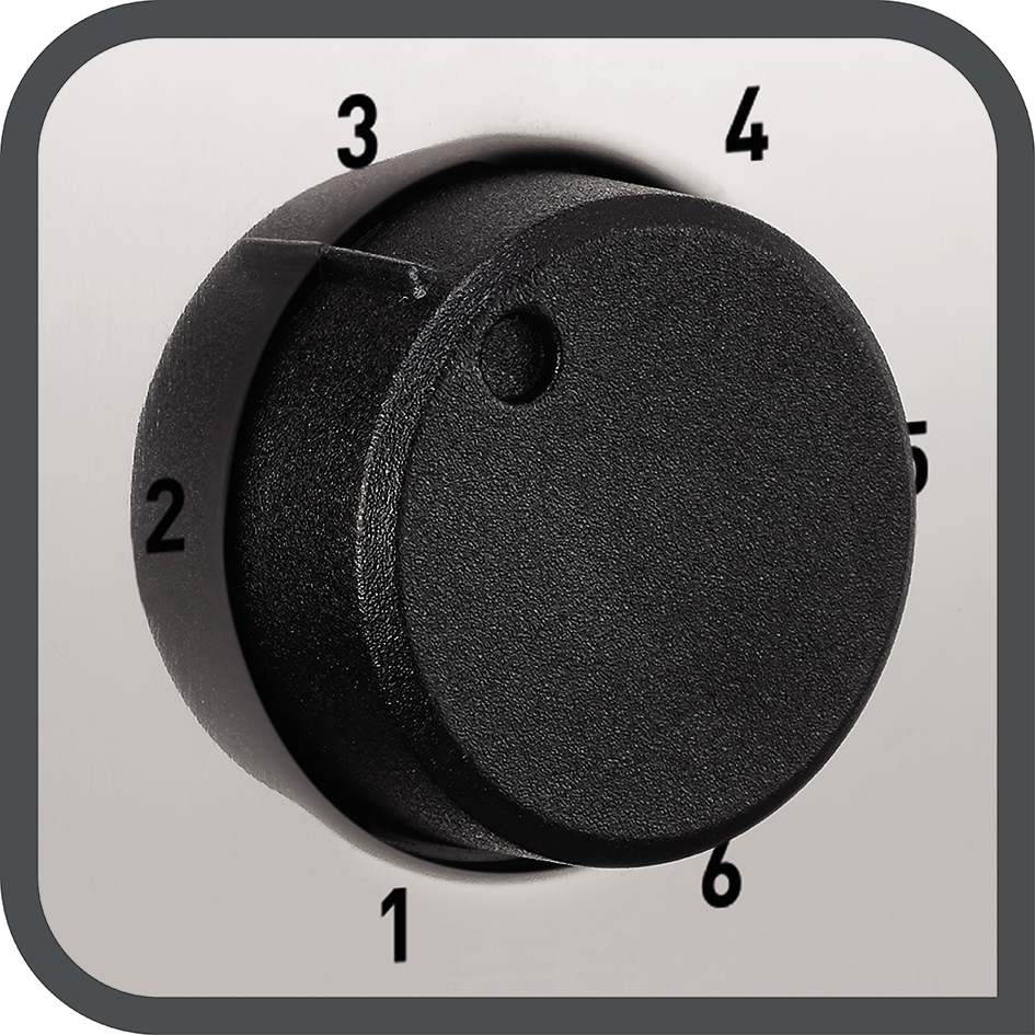 Een zwarte knop met de nummers 1-6 eromheen. De knop staat op nummer 3.