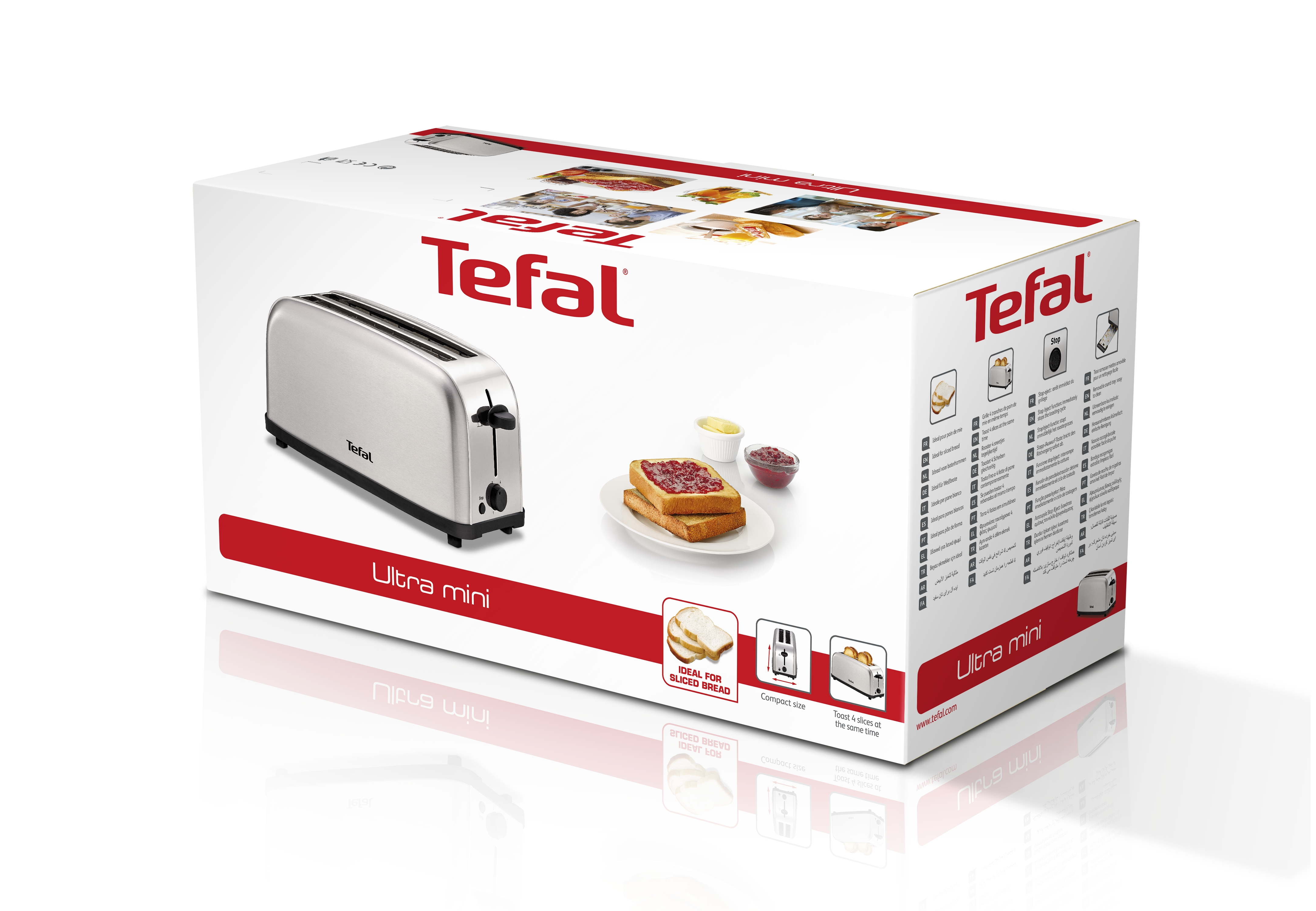 Tefal Ultra mini broodrooster in de doos. Doos toont broodrooster, toast en informatie op witte achtergrond.