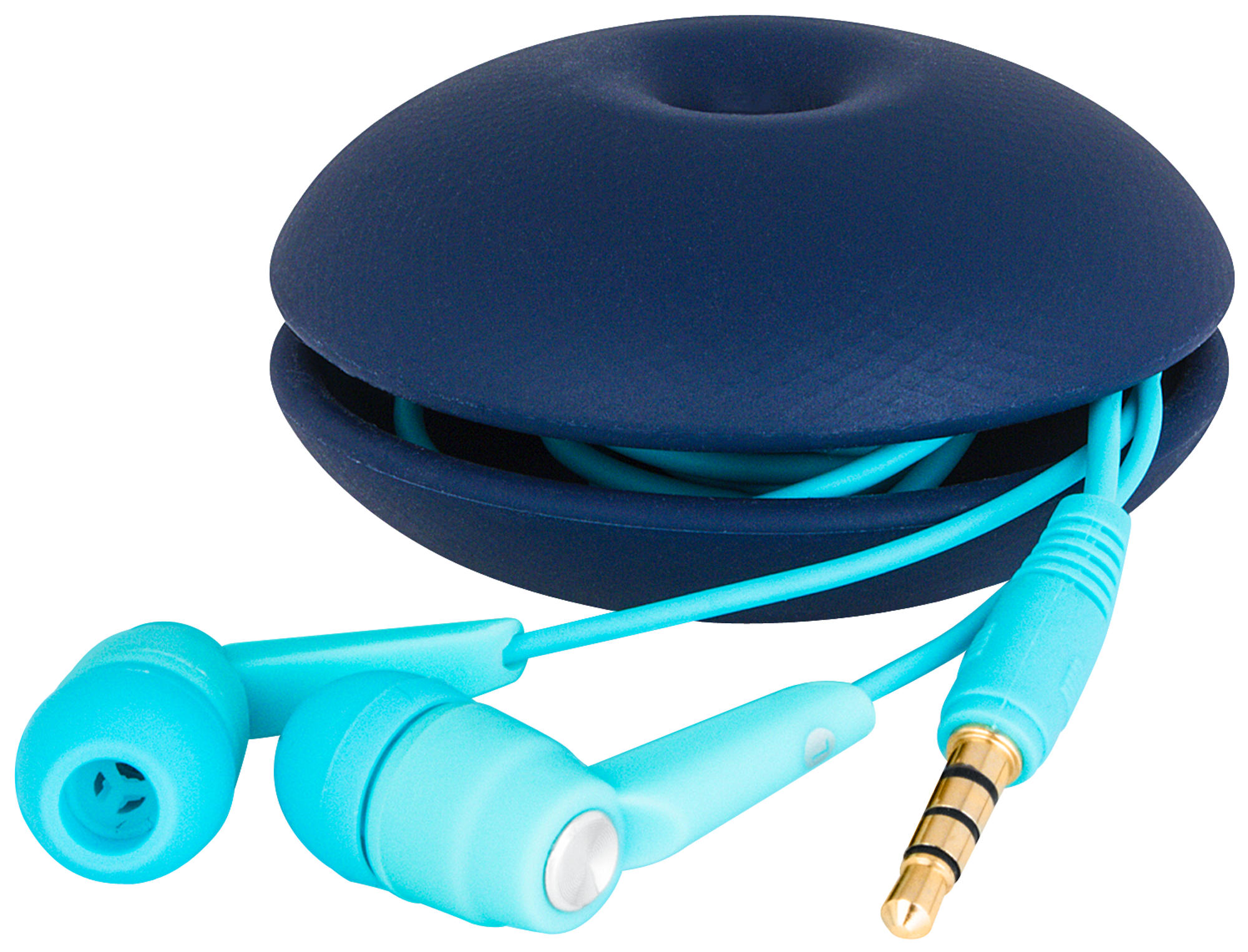 Blaues Kopfhörer-Etui mit türkisfarbenen Ohrhörern. Die Ohrhörer und das Kabel sind türkis, das Etui ist marineblau.