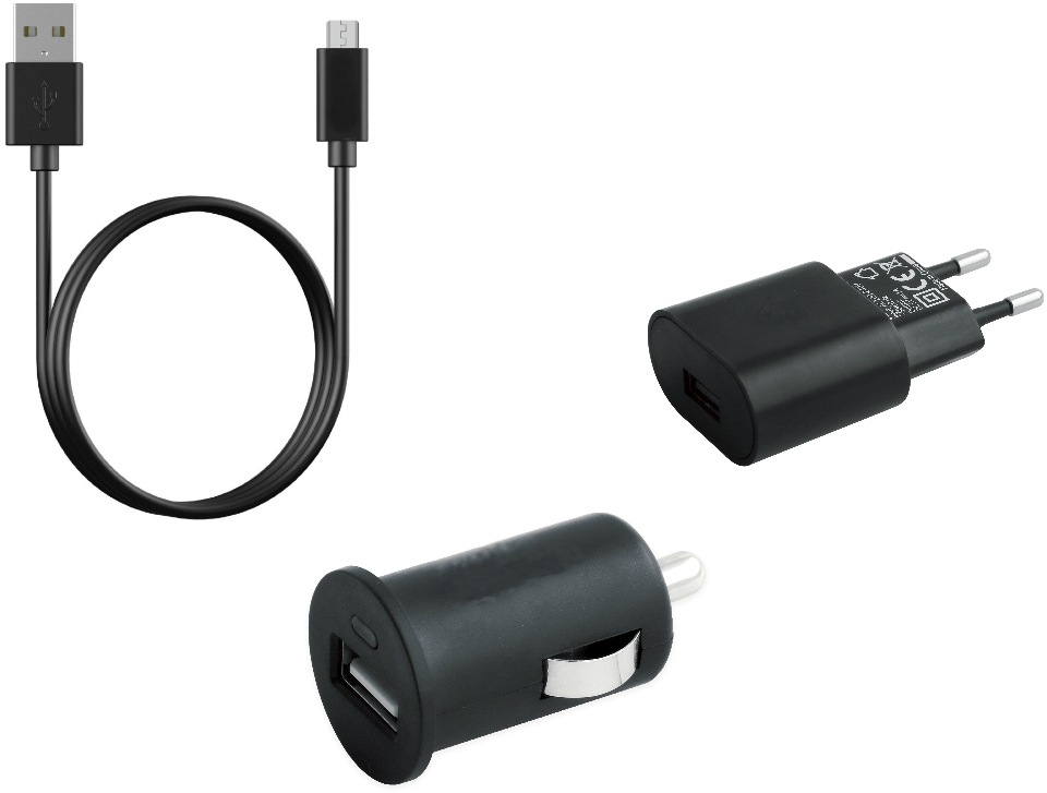USB-Kabel, Micro-USB-Kabel, ein USB-Ladegerät und ein Autoladegerät.