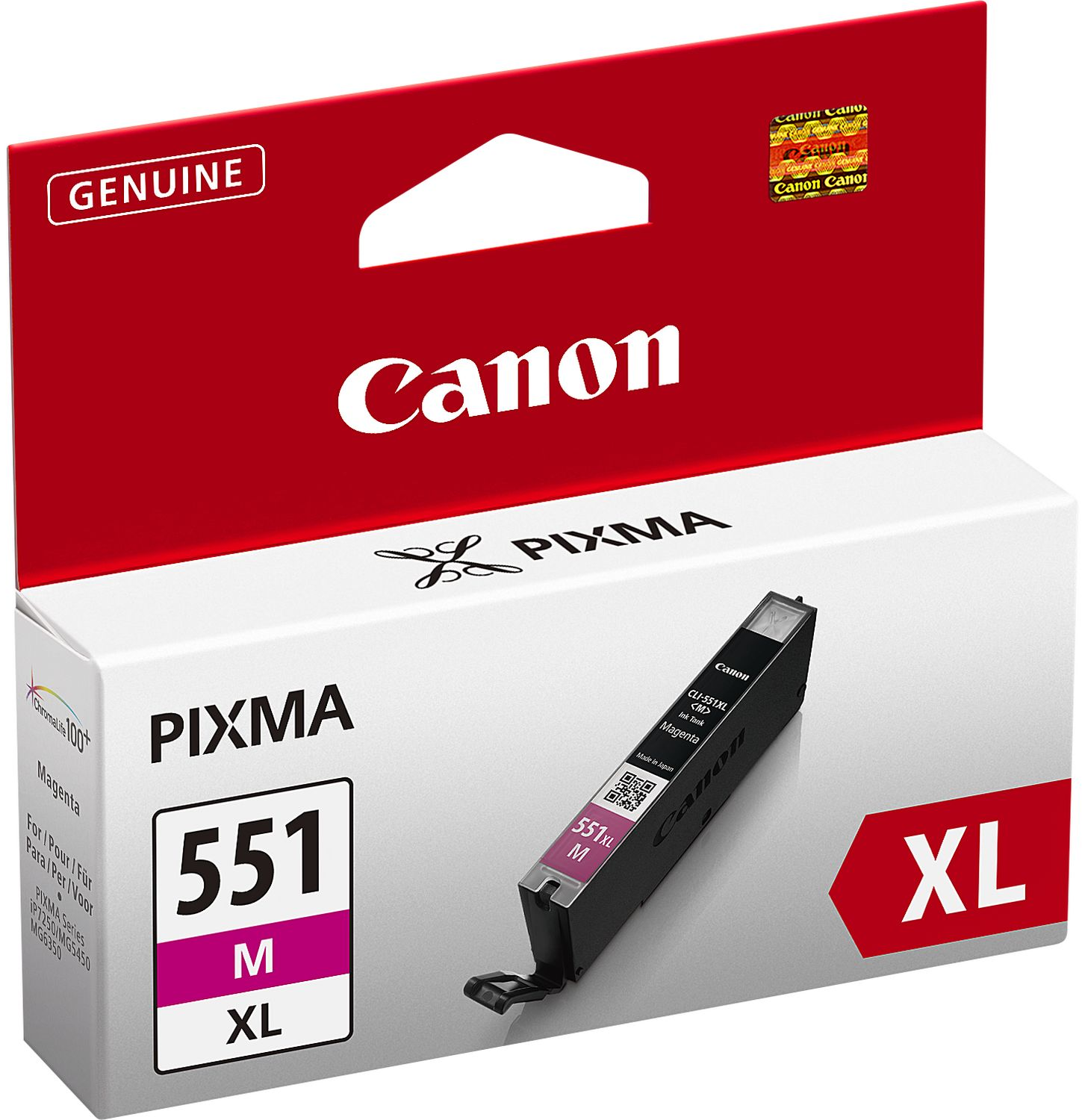 Boîte de cartouche d'encre Canon, couleur magenta, XL. Texte : Canon, PIXMA 551 M XL, produit authentique.