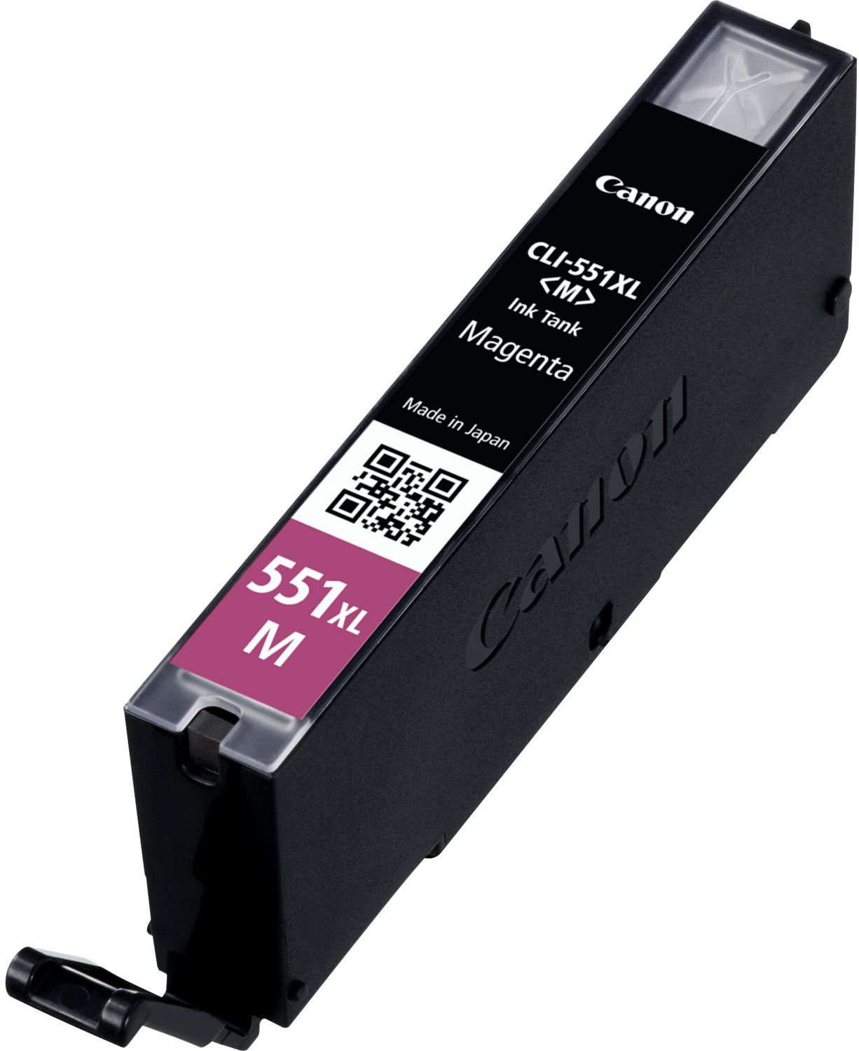 Une cartouche d'encre magenta pour une imprimante Canon. Elle est dans un boîtier en plastique noir.