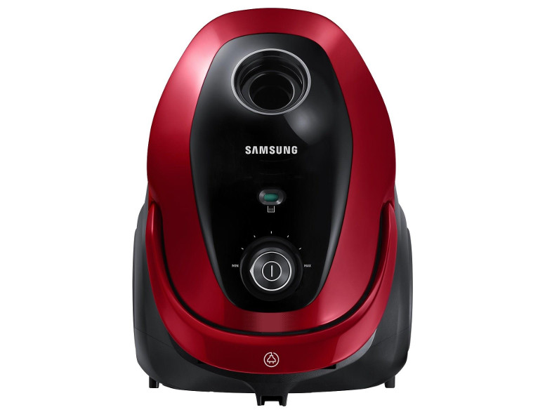 Piros Samsung porszívó fekete díszítéssel és kör alakú teljesítményválasztóval.
