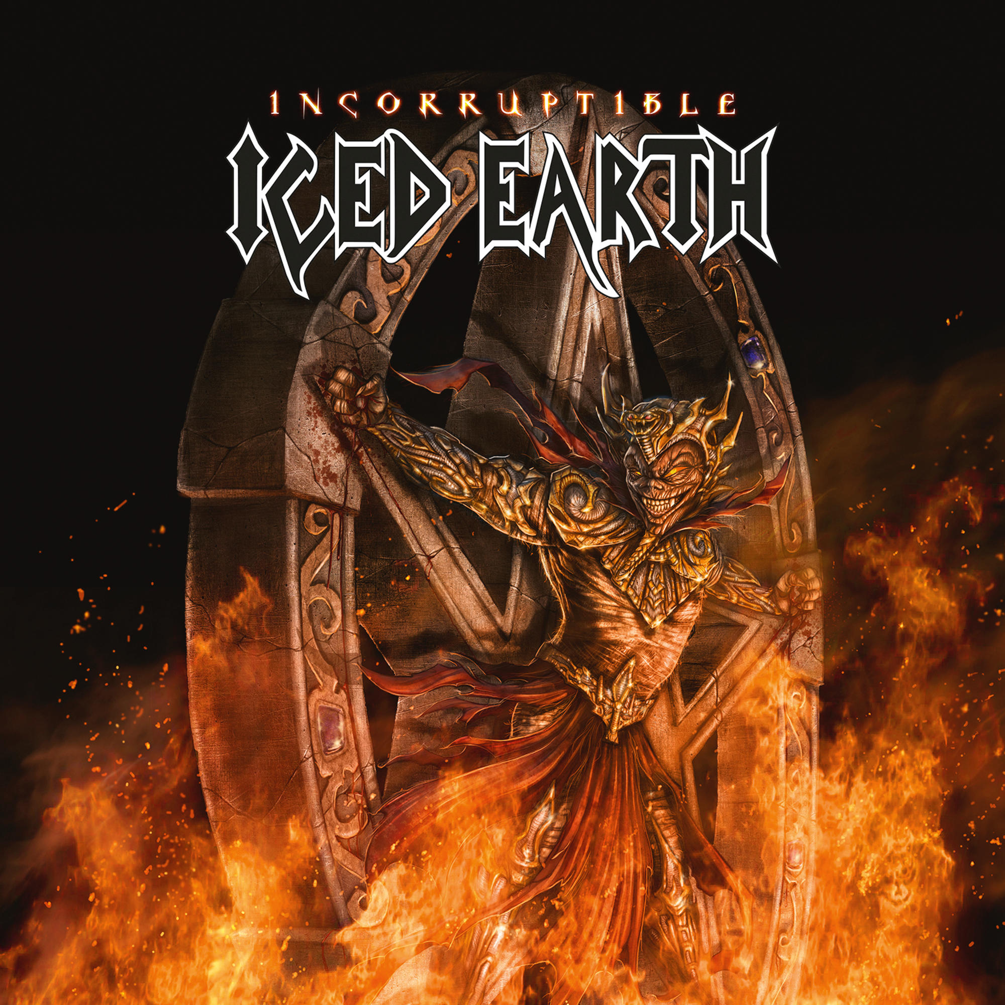 Albumcover mit einer Kriegerfigur im Feuer und dem Text INCORRUPTIBLE.