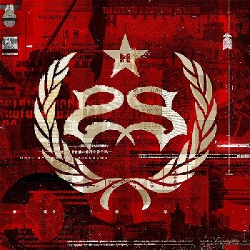 Albumcover mit rotem und weißem Design. Ein Stern, Lorbeerkranz und ein doppeltes SS-Symbol sind sichtbar.