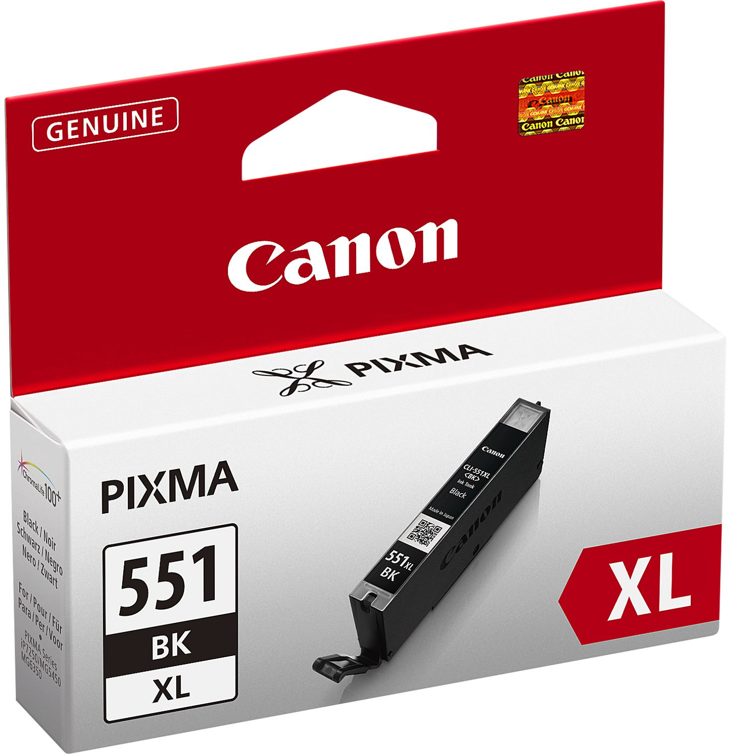 Cartouche d'encre Canon 551 BK XL en emballage, encre noire, avec cartouche noire.