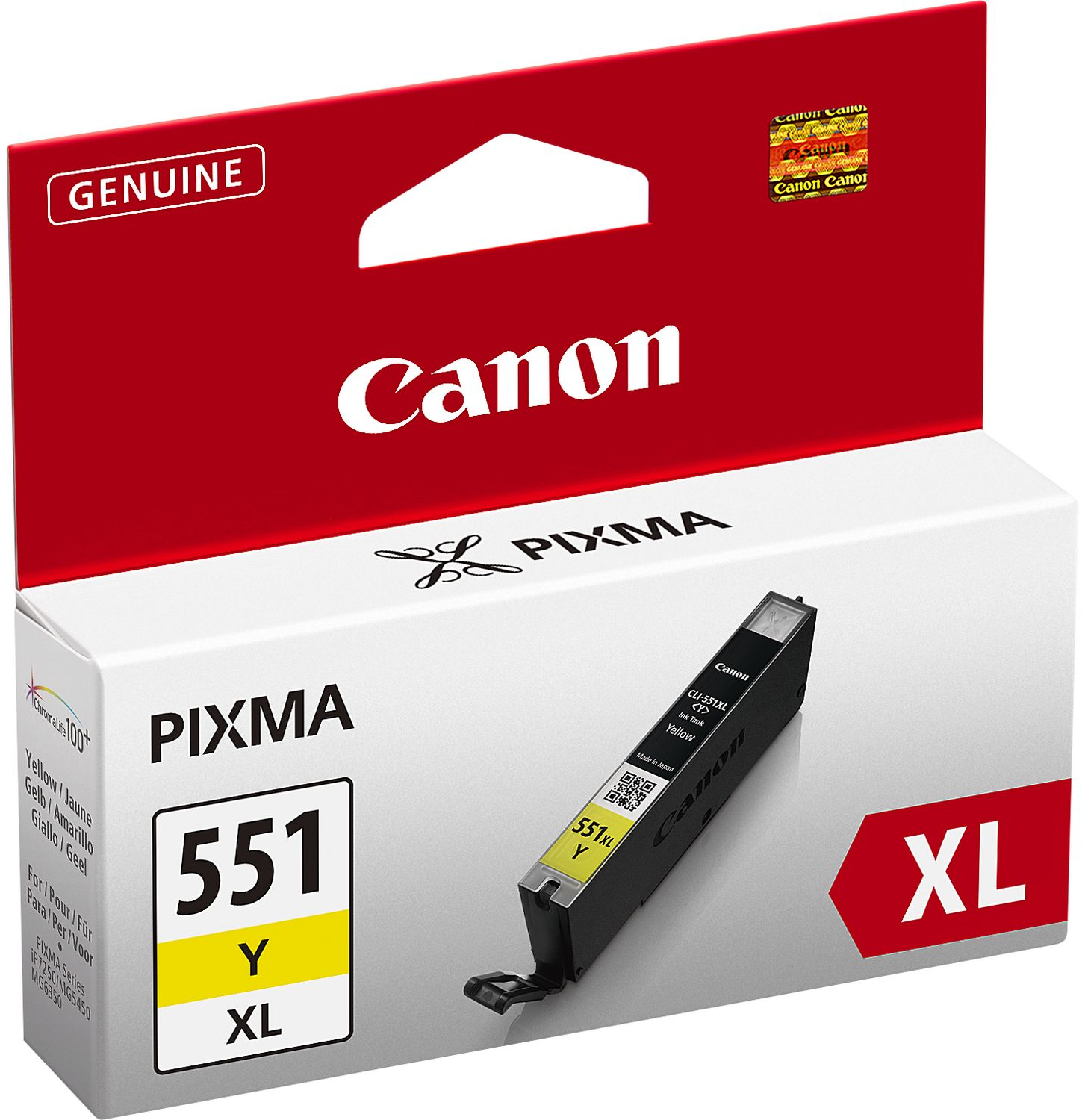Cartouche d'encre jaune Canon Pixma 551 XL, dans un emballage de marque avec l'encre visible.