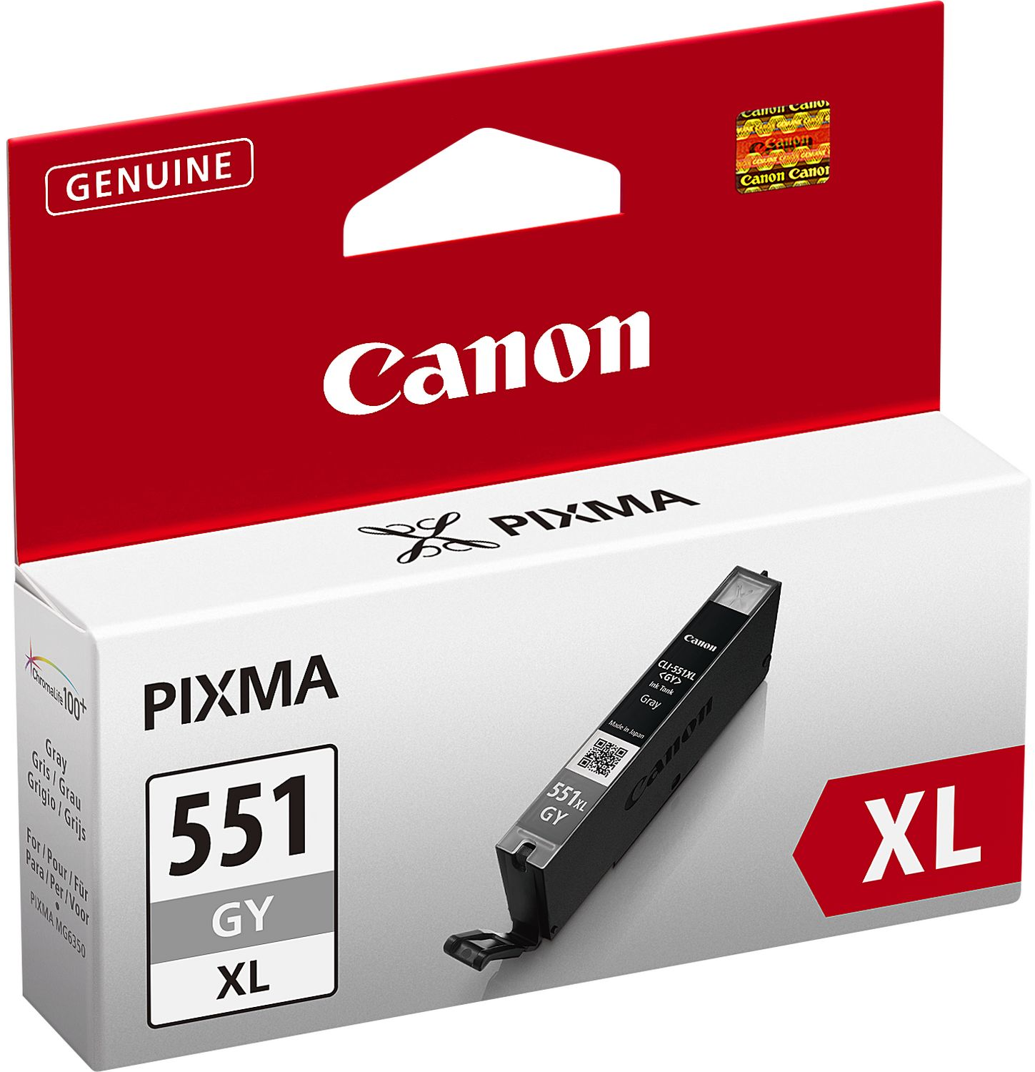 Un emballage de cartouche d'encre Canon Pixma 551 GY XL. La cartouche est noire et grise.