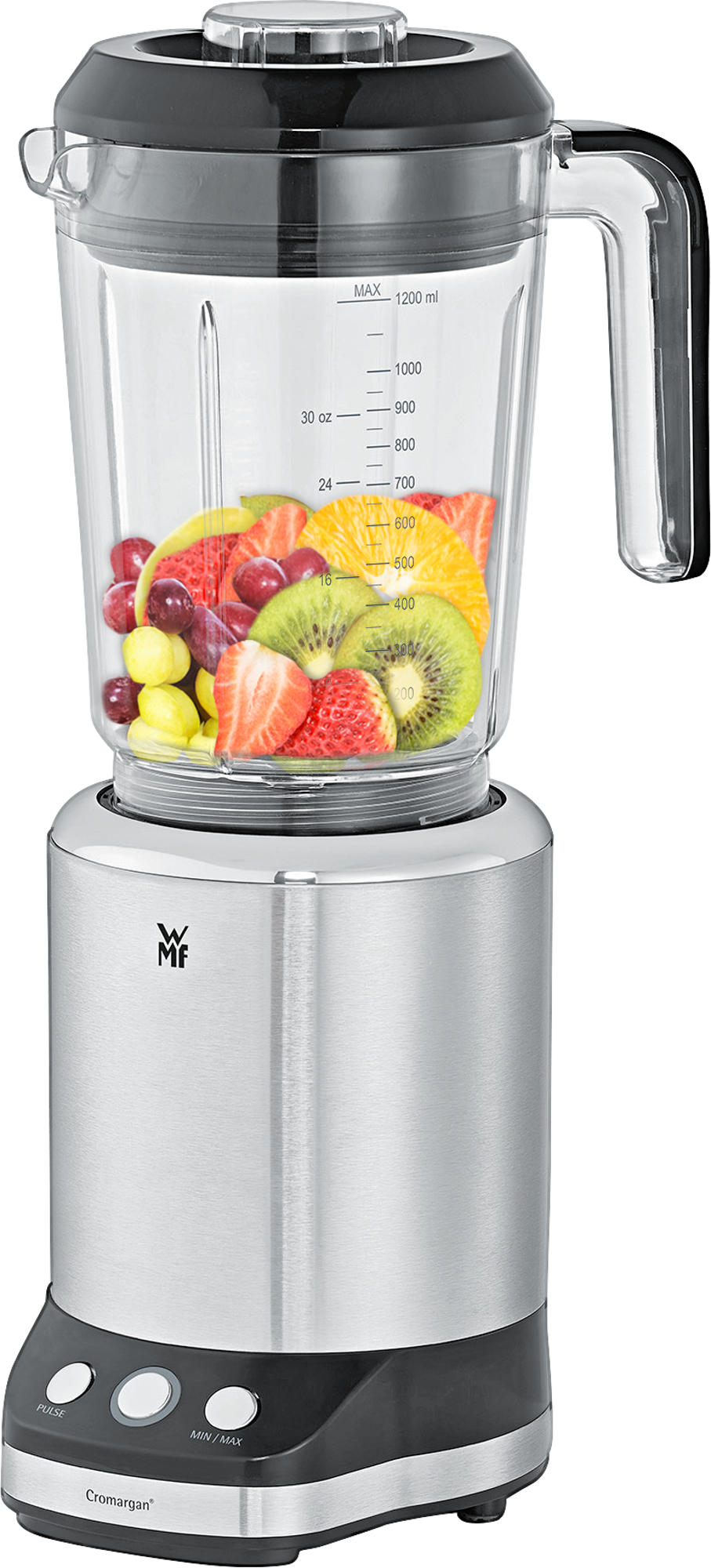 Ein Edelstahl-Mixer mit einem Glasbehälter voller Früchte.
