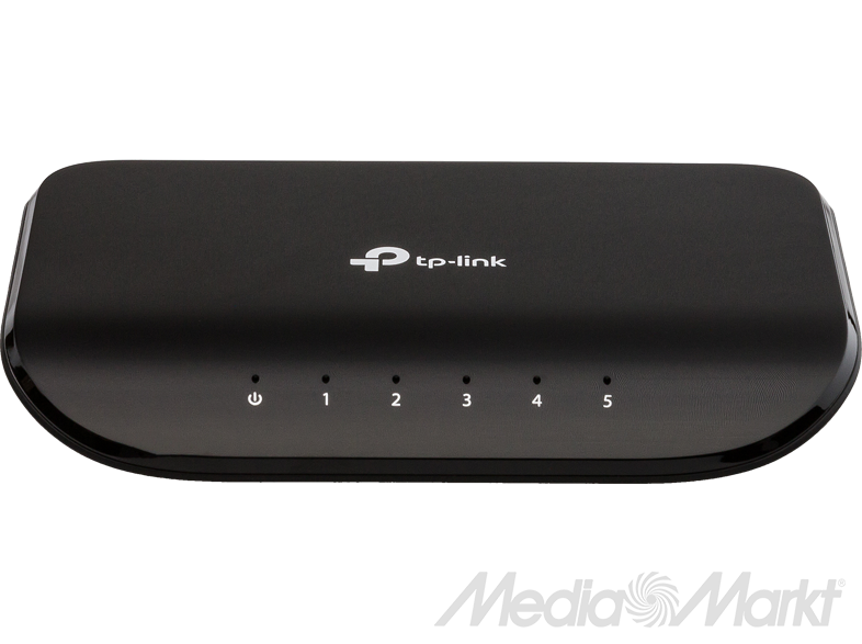 Fekete TP-Link hálózati kapcsoló öt számozott porttal és bekapcsológombbal.