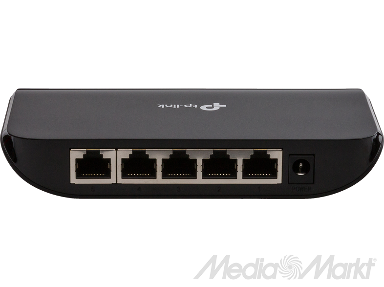 Fekete tp-link switch 5 porttal és árambemenettel. MediaMarkt logó jobb alsó sarokban.