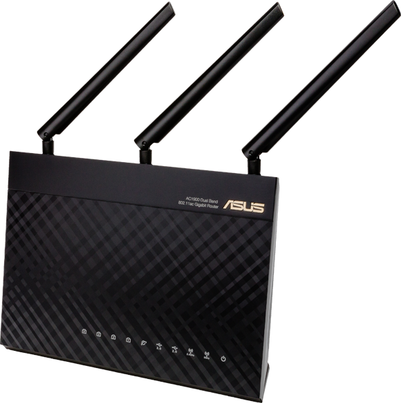 Fekete ASUS router három antennával. Sötétszürke mintás felülete és az ASUS logója látható.