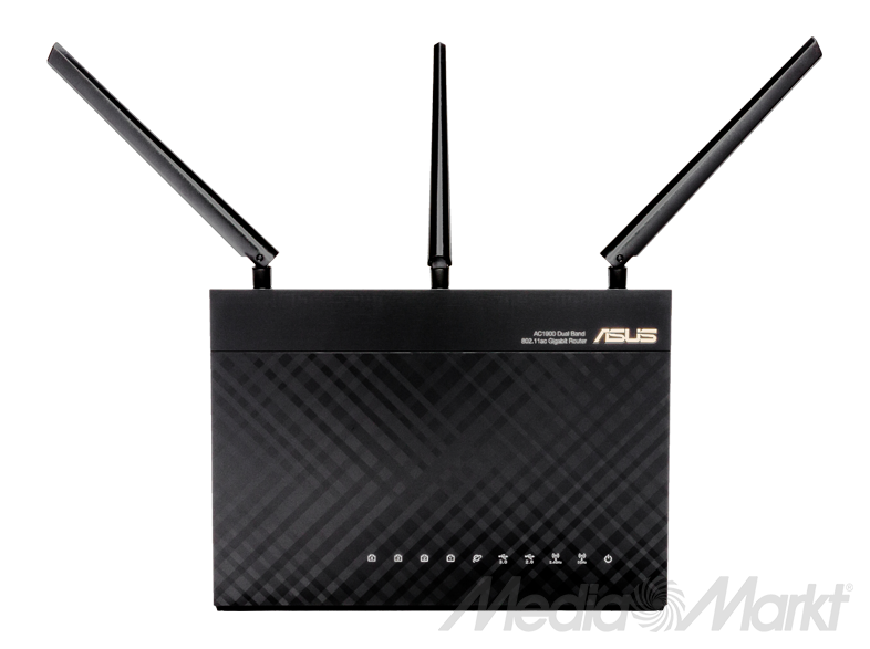 ASUS router három antennával. Fekete, a márka logójával és látható portokkal.