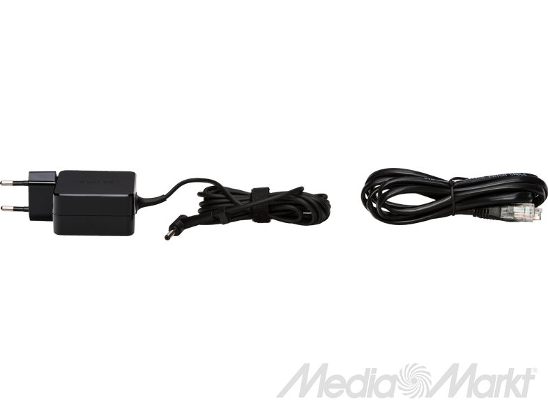 Fekete hálózati adapter kábellel, fekete kábel és RJ45 csatlakozó, fekete háttérrel.