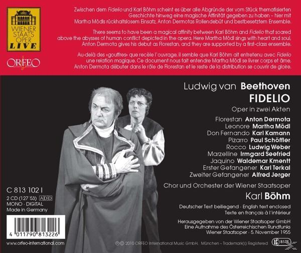 Albumcover. Zwei Männer in formeller Kleidung. Text enthält 'Fidelio' Oper von Beethoven, Namen und 'Wiener Staatsoper Live'.