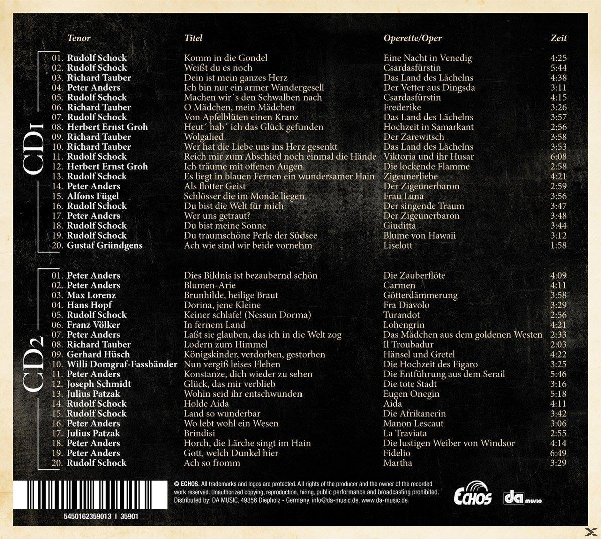 CD-Cover mit Titellisten auf Deutsch. Verschiedene Opernsänger sind gelistet.